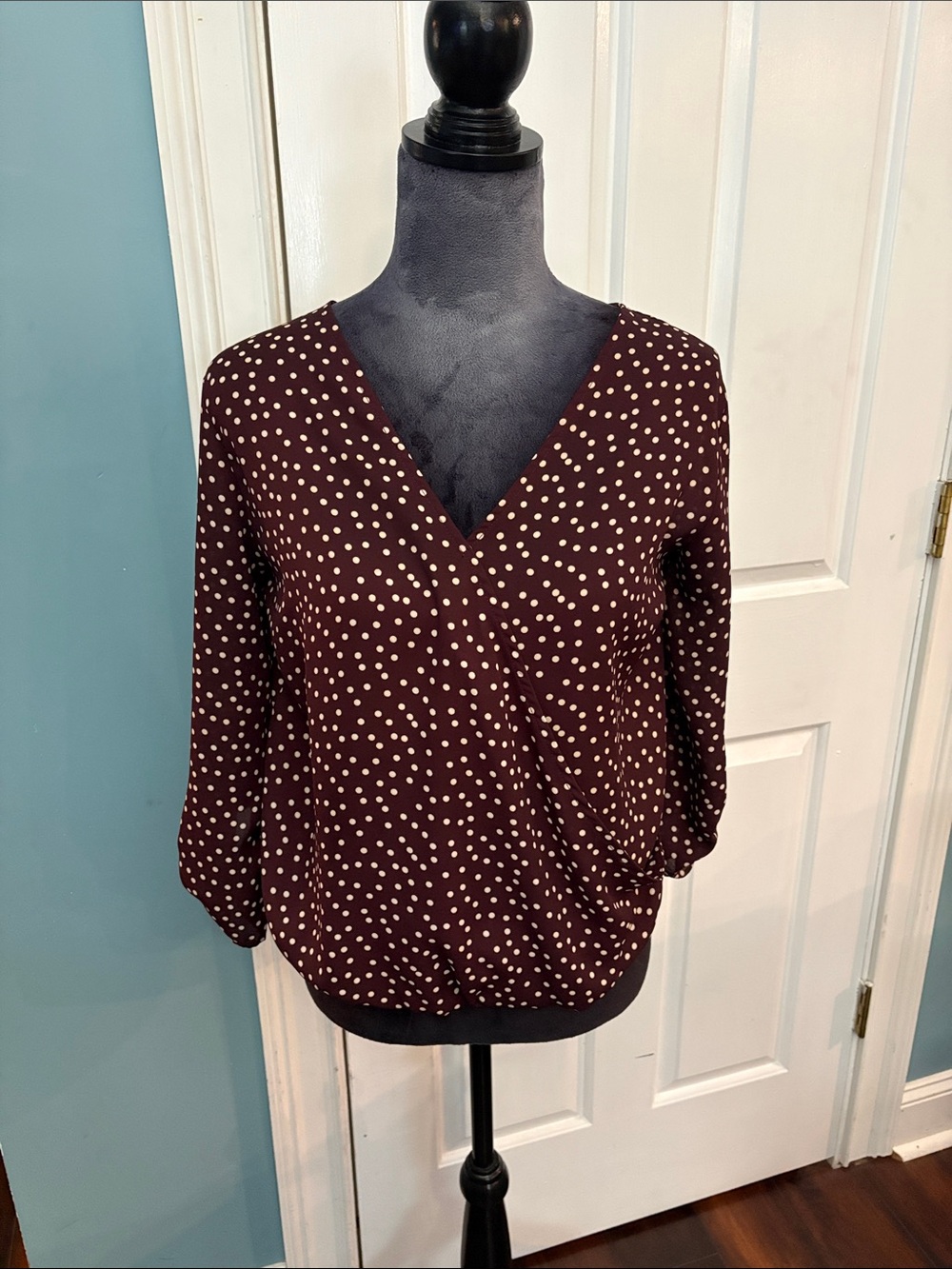 West Kei Burgundy and Cream Polka Dot Wrap Blouse